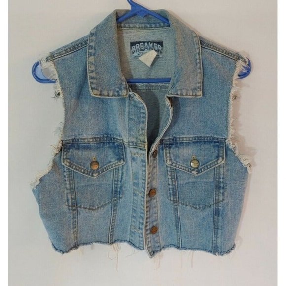Vintage Breaker Jeans Denim Jacket Vest Button Front Size Large Cropped/Frayed - Picture 2 of 7